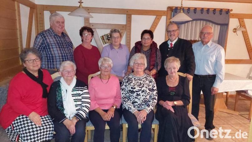 Judith Enders (vorne, von links), Petra Schmelber, Barbara Fraunholz, Regina Mößbauer und Annemarie Rubenbauer sowie (hinten, von links) Hubert Schindler, Gerda Anzer, Veronika Prechtl, Agnes Nickl und Herbert Rubenbauer freuten sich über die Ehrungen, die Vorsitzender Hans-Jürgen Enders überreichte. Bild: soj