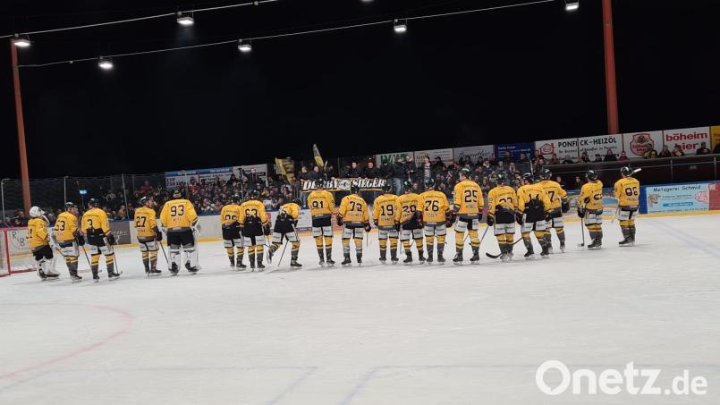 Die Spieler des ERSC Amberg lassen sich in Pegnitz von ihren Fans feiern. Bild: pa