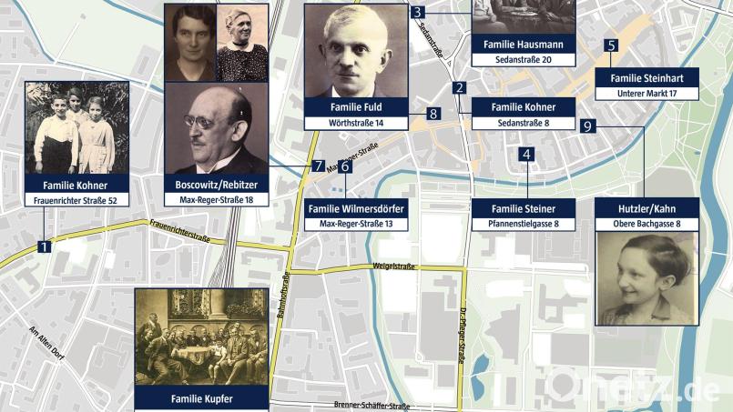 Unsere Grafik zeigt zehn mögliche Standorte für Stolpersteine in der Weidener Innenstadt. Angehörige dieser Familien wurden Opfer des Holocaust. 	Quelle/Bilder: Stadtarchiv Weiden Grafik: Oberpfalz-Medien