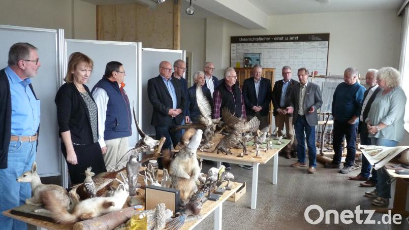 Museumsleiter Herbert Übelacker (Vierter von rechts) informiert die Mitglieder des Museumsträgervereins über den Stand der Arbeiten zur Einrichtung der Dauerausstellung &quot;Naturkundeunterricht&quot;. Bild: rlö