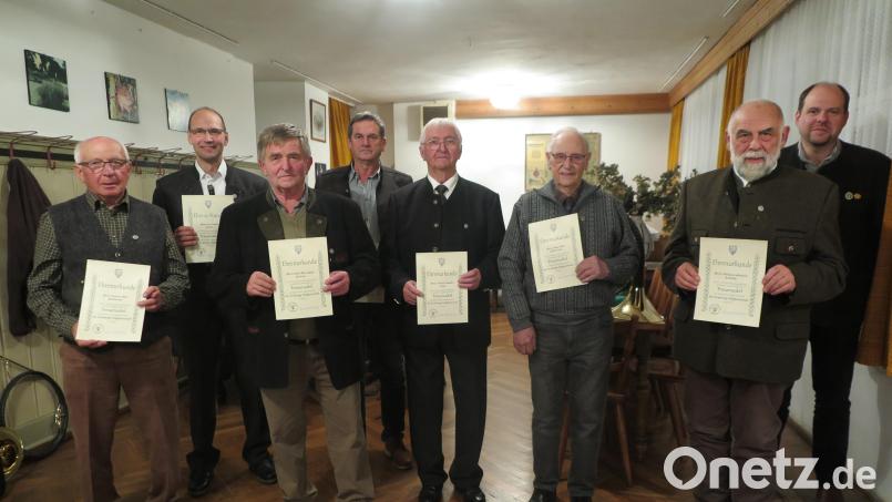 In Anerkennung ihrer langjährigen Verbandszugehörigkeit überreichte zweiter Vorstand Rainer Bayer (rechts) Richard Matt, Ely Eibisch, Josef Bertelshofer, Hubert Mühlhofer, Günther Schöffel, Josef Weyh und Dr. Wolfgang Schinner die Treuenadel des Bayerischen Jagdverbandes. Bild: jzk