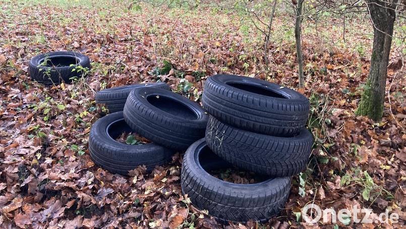 Ein Umweltfrevler hat in einem Wald bei Weigendorf Altreifen entsorgt. Bild: Polizei/exb
