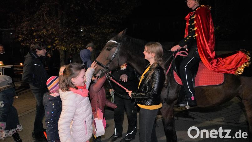 Mit stoischer Gelassenheit marschiert das Pferd „Lady“ mit ihrer Reiterin Rebecca Bergler beim Martinszug – die Mädchen und Buben sind von Reiterin und Pferd begeistert. Bild: fvo