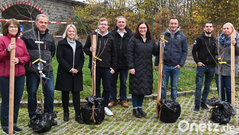 Bürgermeister Hermann Böhm (Fünfter von links) übergibt die von der Gemeinde Poppenricht spendierten Obstbäume an die Häuslebauer. Bild: gf