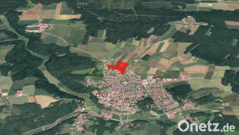 In Rot ist das geplante Baugebiet „Bei der Ziegelhütte“ in Ammerthal eingezeichnet. Luftbild: Ingenieurbüro UTA/exb