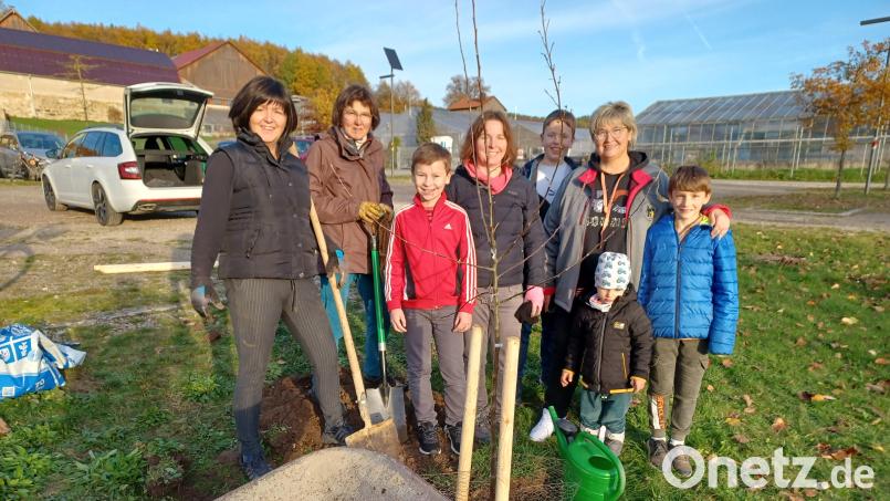 Die beiden Vorsitzenden Martina Götz (links) und Johanna Scharf (Mitte) pflanzten die Obstbäume mit Helferinnen und Kindern. Bild: Franz Ziegelmeier/exb