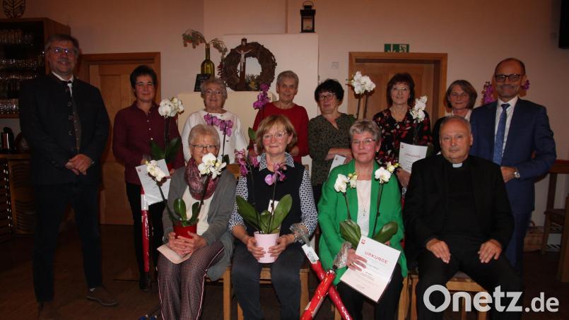 Für 20 Jahre ehrenamtlichen Hospizdienst wurden diese Frauen geehrt. Es gratulierten Caritas-Kreisgeschäftsführer Martin Kneidl (links), stellvertretender Landrat Dr. Alfred Scheidler (rechts) sowie Stadtpfarrer und Regionaldekan Georg Flierl (vorne rechts, sitzend). Bild: kro