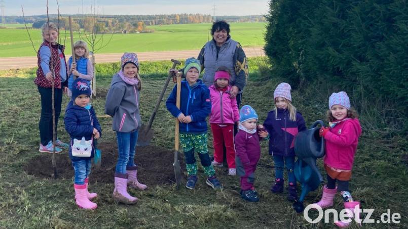 Vorsitzende Anita Graf pflanzte die Obstbäume mit Hilfe der jungen Mitglieder des Gartenbau- und Ortsverschönerungsvereins Rottendorf. Bild: Sandra Lindner/exb