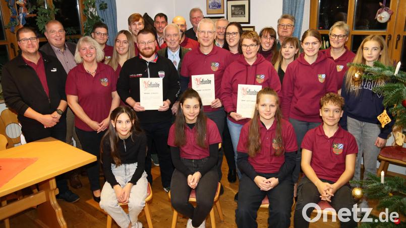 Aktive Musikanten mit Ehrengästen und Geehrten. Bild: Heike Reil/exb