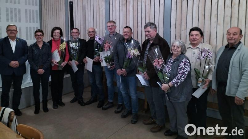 Bürgermeister Martin Preuß, Kreisfachberaterin Michaela Basler (von links) und Vorsitzender Alfons Bauer ehrten (ab Dritter von links) Sieglinde Pipetz, Konrad Schwab, Franz Gerl, Thomas März-Kronfeld, Norbert Kummert, Johann Winkler, Irene Zeller und Herbert Bogner. Bild: Erwin Reng/exb
