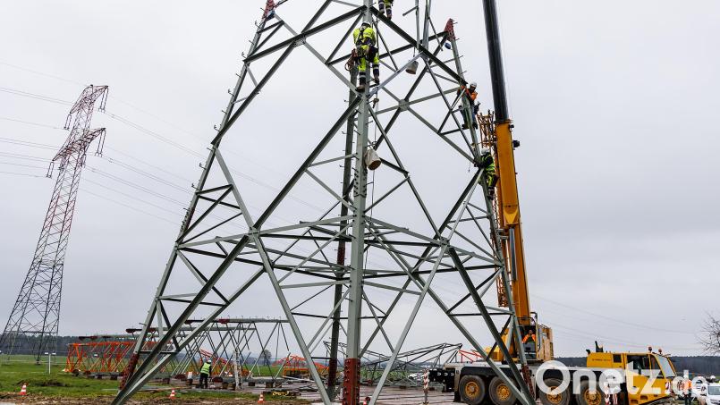 Nahe Schmidgaden werden die Maste für die Starkstromtrasse Ostbayernring aufgebaut. Im Hintergrund ein Mast des bestehenden Rings, der nach der Fertigstellung seines Nachfolgers zurückgebaut wird. Bild: Hösamer