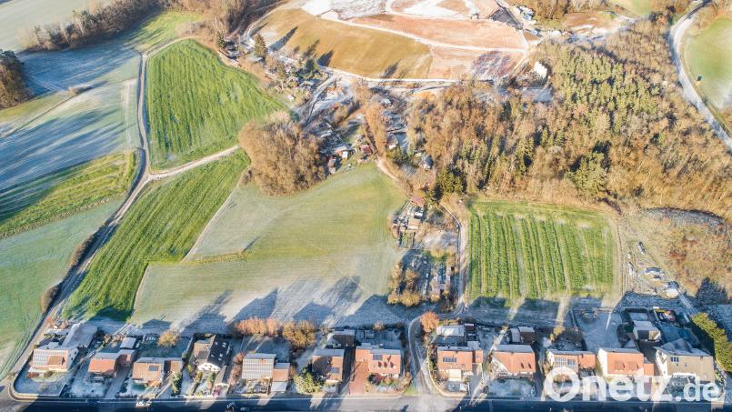 Das neue Baugebiet „Katzenberg Nord“ soll direkt oberhalb der Sauerzapfstraße (hier unten im Bild) entstehen. Es wäre links durch die Straße Schießstätte angebunden sowie durch den Etzmannshofer Weg (in der Mitte). Dieser Schotterweg führt an der Streuobstwiese – die geschützt werden soll – zur Kleingartenanlage. Ob die Bäume oben rechts teils gerodet werden müssen, ist noch offen. Bild: Thilo Hierstetter