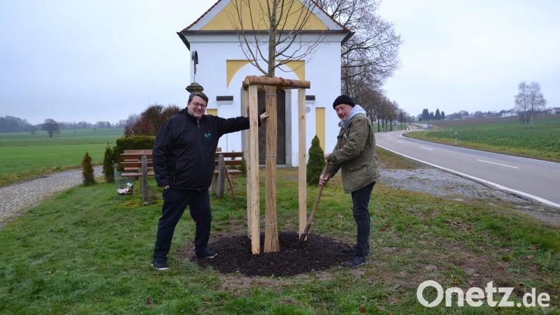 Kapellenpfleger Hans-Josef Völkl (rechts) organisierte die Neupflanzung einer Linde neben der Sebastians-Kapelle bei Burgtreswitz. Pfarrer Udo Klösel dankte im Namen der Pfarrei Moosbach. Bild: gi
