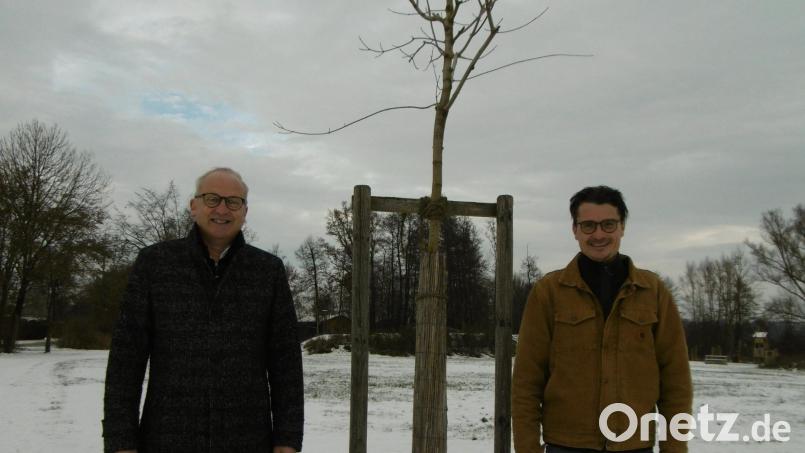 Bürgermeister Bernhard Lindner (links) freut sich über die Vielfalt der Bäume auf der Hahnbacher Gockelwiese. Sein Dank ging auch an Jürgen Huber für seinen Einsatz. Bild: mma