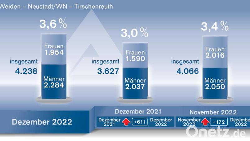 Die Arbeitslosenzahlen im Agenturbezirk Weiden stiegen im Dezember 2022 im Vergleich zum Vormonat zwar an. Nicht aber im Vergleich zum Vorjahr. Grafik: Oberpfalz-Medien, Quelle: Agentur für Arbeit Weiden