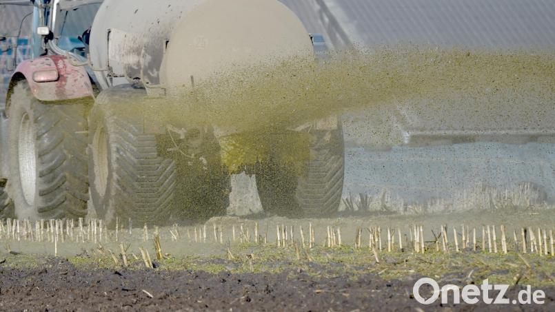 Ein Traktor mit Gülleanhänger versprüht den Wirtschaftsdünger. In &quot;roten Gebieten&quot; ist das nur eingeschränkt möglich. Bild: Carsten Rehder/dpa