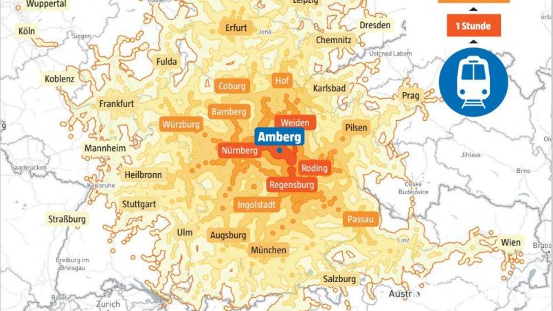 Mit dem Zug fünf Stunden ab Amberg unterwegs: Diese Ziele sind erreichbar. Bild: Oberpfalz-Medien/Christian Gold/Chronotrains