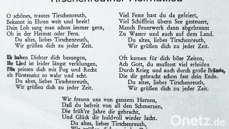 Der Text des „Heimatliedes“ – der Vorgänger des kürzlich vorgestellten „Lied für Tirschenreuth“ – das zum 100. Jubiläum des Liederkreises 1951 komponiert wurde. Bild: tsp