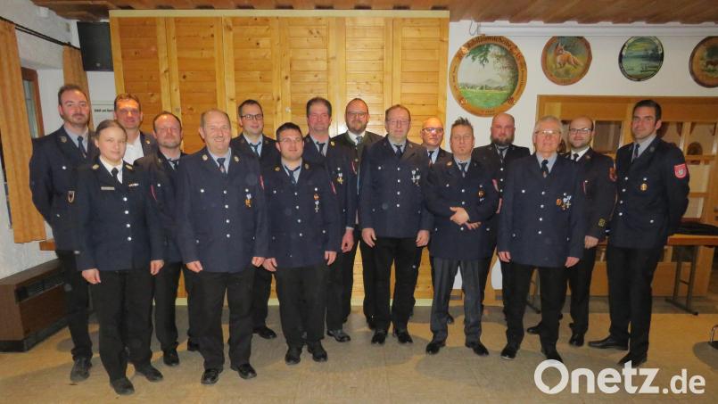 Die mit dem Bayerischen Ehrenzeichen von Landrat Andreas Meier (Neunter von links), Kreisbrandrat Markus Saller (Zweiter von rechts) und Kreisbrandmeisterin Carola Adam (Zweite von rechts) ausgezeichneten aktiven Mitglieder der Feuerwehr Meerbodenreuth. Bürgermeister Ernst Schicketanz (Dritter von links), Kommandant Josef Dagner (links) und Vorsitzender Wolfgang Reichl (rechts) gratulierten. Bild: adj