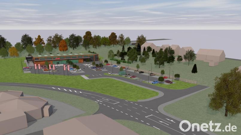 So in etwa wird der neue REWE-Supermarkt an der Parksteiner Straße in Altenstadt/WN aussehen. Eröffnung soll schon gegen Ende des Jahres sein. Bild: Plan: Architekturbüro Robl, Weiden; Visualisierung: Markus Bloch, Dettelbach/exb