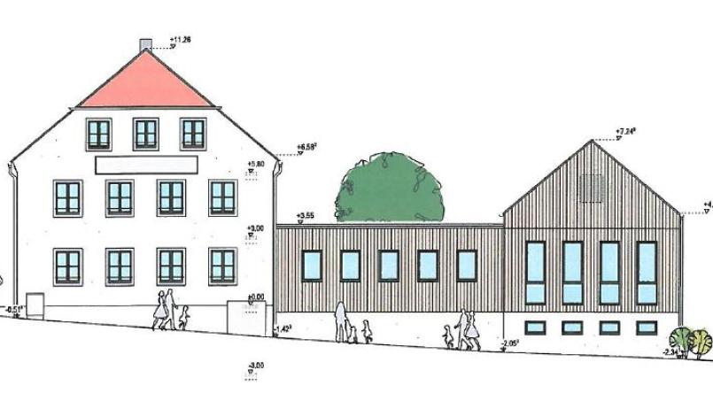 Die Westansicht des geplanten Neubaus an der Bernsteiner Straße soll noch verändert werden: Im mittleren Bereich soll das Flach- durch ein Satteldach ersetzt werden. Bild: fks