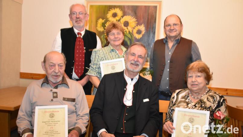 Vorsitzender Ferdinand Sabatil (hinten links) zeichnet bei der Jahreshauptversammlung treue Mitglieder aus. Bild: hcz