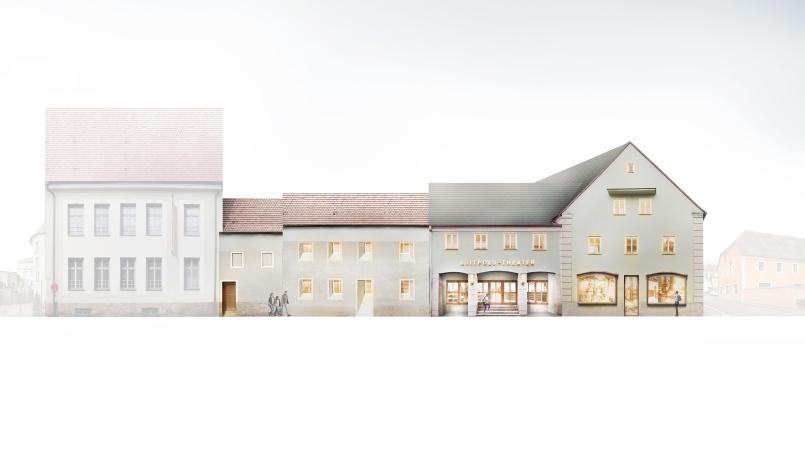 So soll nach den aktuellen Plänen das Luitpold-Theater nach der Revitalisierung aussehen. Die Staffelung mit den drei verschiedenen Gebäudehöhen wollen die Planer beibehalten. Dort sind hauptsächlich Funktionsräume vorgesehen. Durch die Schaukästen blickt man künftig in die Schaubrauerei der Braujuwaren. Bild: Architekturbüro Brückner&amp; Brückner/exb