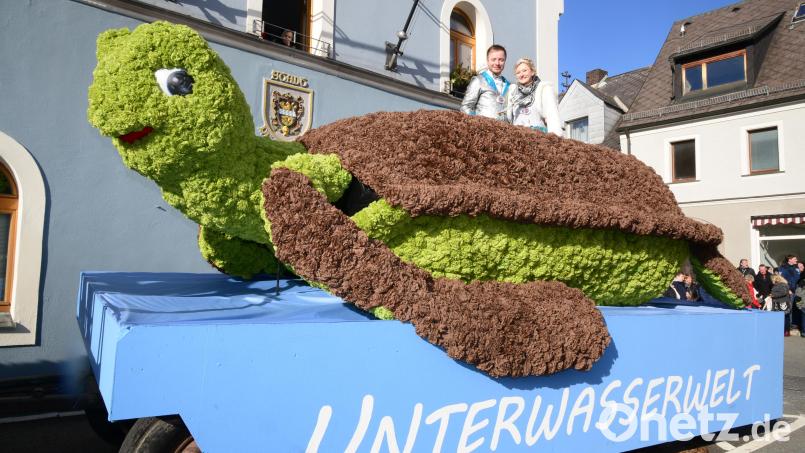 Von einer riesigen Schildkröte herab grüßte im Jahr 2017 das Prinzenpaar Christoph I. und Claudia II. die Gäste. Archivbild: bey