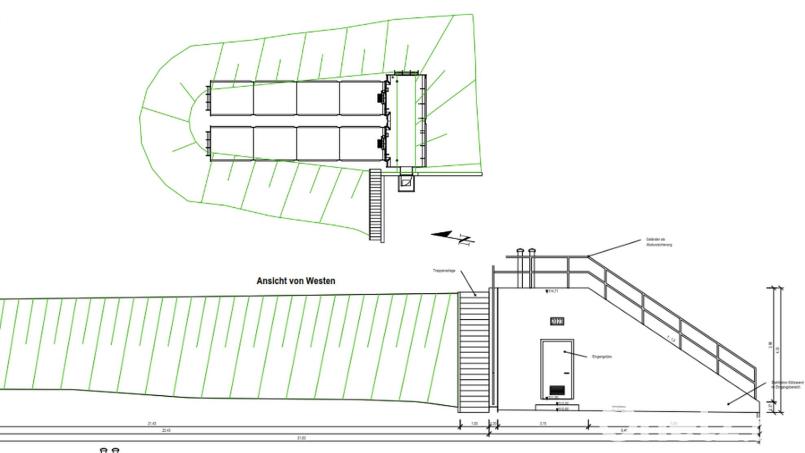 Der neue Hochbehälter Bodenhof bekommt einen ebenerdigen Eingang, wie die untere Skizze zeigt. Oben sind die beiden Behälter in Röhrenbauweise mit dem davorliegenden Armaturengebäude zu sehen. Grafik:  Renner + Hartmann Consult GmbH