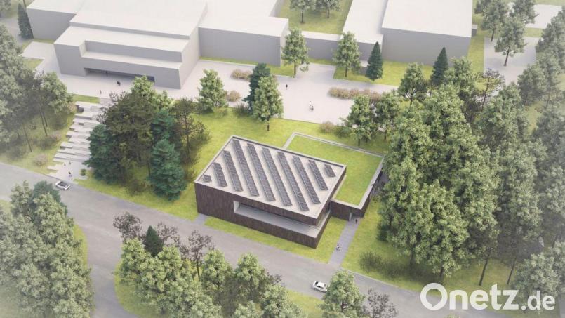 So sieht die bisher geplante Schwimmhalle am Gymnasium Neustadt ohne das zusätzliche Nichtschwimmerbecken aus der Vogelperspektive aus. Die neuen Pläne gehen von einem etwa 500 Quadratmeter größeren Bau aus. Grafik: studio gollwitzer architekten GmbH München