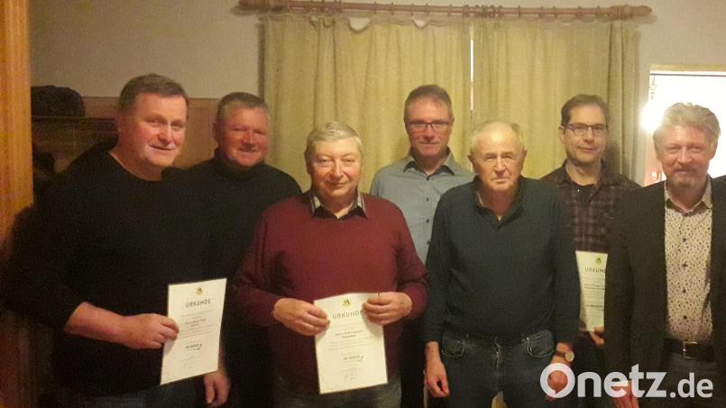 Ehrungen gab es beim Imkerverein Plößberg. Im Bild von links Hubert Wolf, Bienenfachwart Josef Ernst, Willi Gmeiner, Vorsitzender Franz Reichl, Rainer Böckl, Bernd Schwamberger, Bürgermeister Lothar Müller. Bild: Jörn Schedl/Imkerverein Plößberg