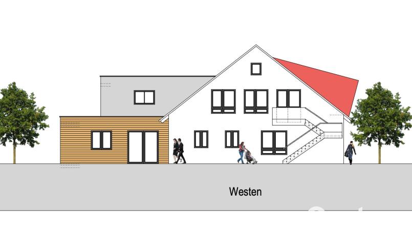 Ansicht des erweiterten und sanierten Kindergartens nach dem beschlossenen Entwurf mit eingeschossigem Anbau links und Schleppgaube rechts. Bild: Architekturbüro Götzer, Nittenau/exb