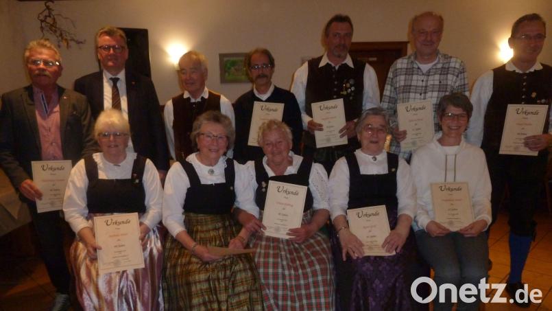 Nach den Ehrungen beim Heimatverein Birgland: (stehend, von links) Karl-Heinz Kreiner,
Bürgermeister Michael Göth, Günther Meier, Cosimo Penella, Manfred Niebler, Eduard Maul, Franz Niebler, (sitzend, von links) Barbara Meier, Berta Leitgeb, Frieda Dehling, Agnes Graf und Heidi Maul. Bild: mag
