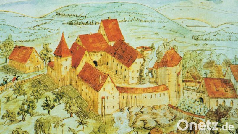 Diese Darstellung zeigt das Schloss Königstein im 16. Jahrhundert mit zwei Türmen, dem Torhaus, der Wehrmauer und der Schlosskapelle (rechts unten). Ein hölzerner überdachter Gang führte vom Schloss in die Herrschaftsempore der Kirche. Repro: wku