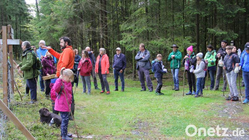 Als ausgewiesener Waldexperte vermittelte Förster Andreas Eiser (links, mit oranger Kleidung) den Teilnehmern der Waldwanderung fundierte Informationen über das vielfältige Leben im Wald. Bild: Josef Böhm