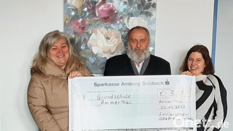 Vorsitzende Anita Knorr (links) von der Siedlergemeinschaft überreicht in Anwesenheit von Bürgermeister Anton Peter an Schulleiterin Andrea Konrad den symbolischen Spendenscheck. Bild: mof