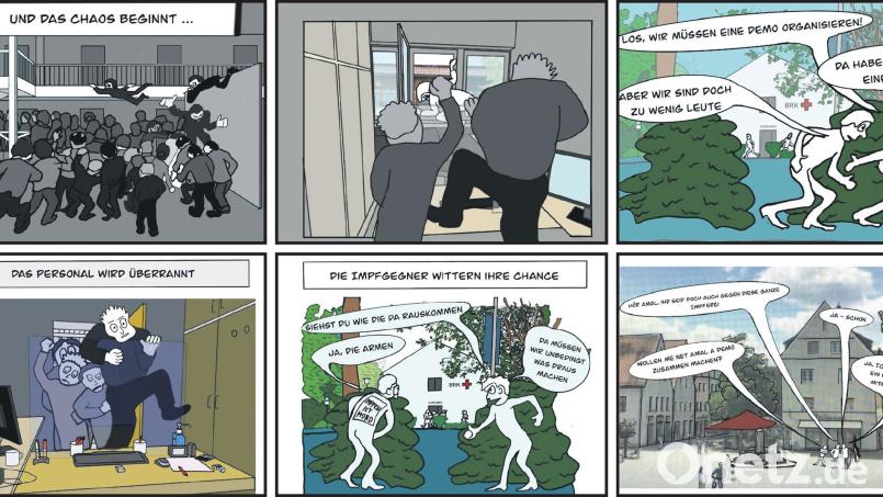 Chaos im Impfzentrum, und vor der Tür tummeln sich die Verschwörer. Die turbulenten Pandemietage aus der Feder von Tim Krafft. Grafik: Tim Krafft; Bearbeitung: Christian Gold