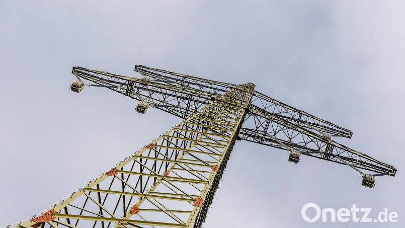 An einigen, neuen Masten für die Starkstrom-Freileitung Ostbayernring hängen große Metallrollen. Sie sind wichtig für den nächsten Schritt des Ersatzneubaus. Bild: Hösamer