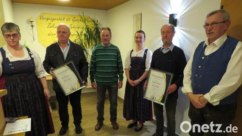 Vorsitzende Gisela Weß, Werner Kippes, Ehrenvorsitzender Hans Ritter, Zweite Vorsitzende Monika Wismann, Rudolf Trescher und Dirigent Alfons Steiner (von links) bei der Urkundenübergabe. Bild: adj