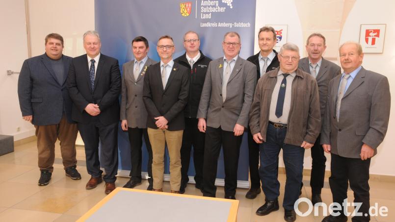 Bürgermeister Dieter Dehling (links) begleitete seine Illschwanger Soldaten- und Reservistenkameradschaft zum Besuch beim Landrat (Zweiter von links). Bild: ige