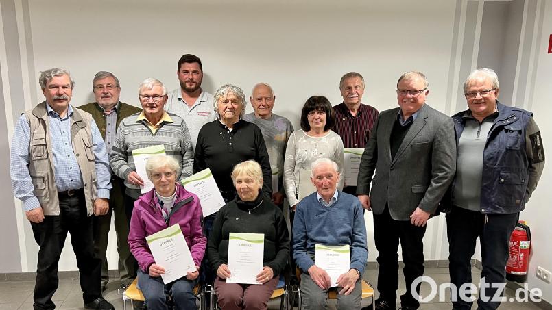 Im Rahmen der Mitgliederversammlung konnten Vorsitzender Max Sieder (rechts) und Zweiter Bürgermeister Herbert Mattes (Zweiter von rechts) sowie Bezirksverbandsvorsitzender Reinhard Ott (links) und Kreisverbandsvorsitzender Otmar Zeitler (Zweiter von links) zahlreiche Mitglieder für ihre jahrelange Treue zur Siedlergemeinschaft Krummennaab ehren. Bild: vsr