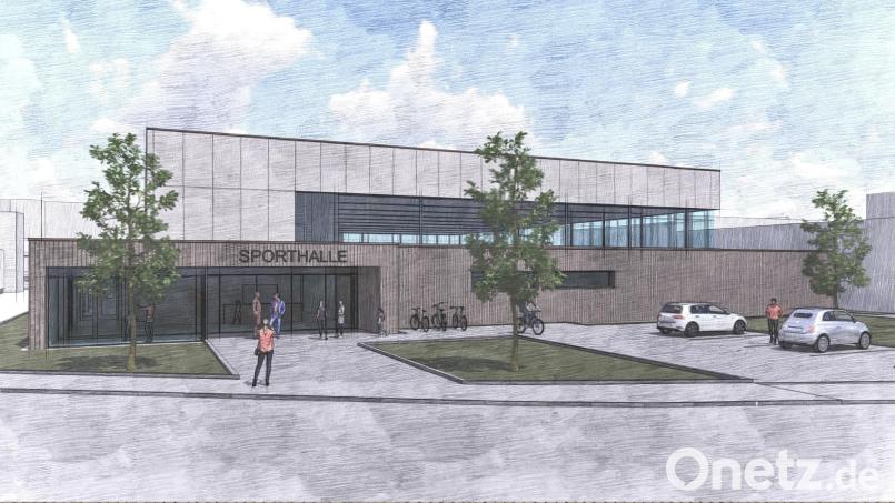 Photovoltaik-Anlagen auf dem Flachdach, Grünflächen und auch fünf Stellplätze vor dem Eingang. So soll die neue Dreifachturnhalle von außen einmal aussehen. Grafik: DJB-Architekturbüro/exb
