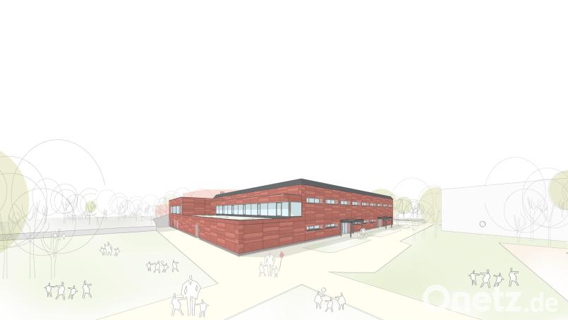 So soll die Sporthalle in Tirschenreuth im Herbst 2024 aussehen: Hier eine Ansicht der sanierten und um einen Anbau erweiterten Dreifachturnhalle aus Richtung Sportplatz: Grafik: Architekturbüro Leinhäupl + Neuber/exb