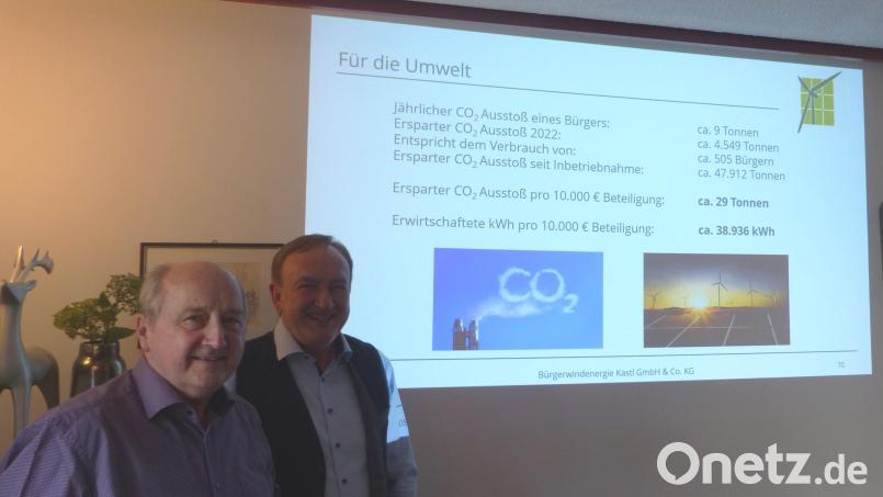 Der Beiratsvorsitzende Waldemar Draxler (links) und Erich Wust, Geschäftsführer von Wust-Wind-Sonne, freuen sich mit den Gesellschaftern über die zehnjährige Erfolgsgeschichte des Kastler Bürgerwindrads. Bild: jp