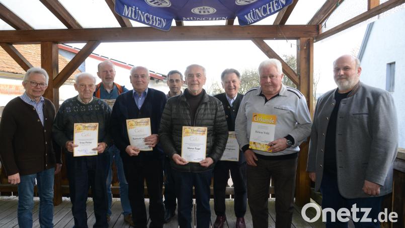 Vorsitzender Max Müllhofer (links) und Edmund Hochmuth (rechts) vom Bayerischer Imkerverband ehren die langjährigen Mitglieder (vorne, von links) Ernst Piehler (65 Jahre), Reinhold Janker (40 Jahre), Wener Reger (35 Jahre), Helmut Völkl (langjähriger Schriftführer) , sowie (hintere Reihe, von links) Josef Völkl (30 Jahre), Bernahrd Piehler (30 Jahre) und Josef Deglmann (40 Jahre). Bild: bey