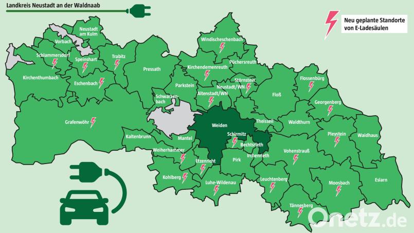 21 der 38 Kommunen im Landkreis Neustadt haben Interesse an neuen Elektroladesäulen angekündigt. Ab Ende Juni soll die Installation beginnen. Grafik: Oberpfalz-Medien; Laura Fröhler