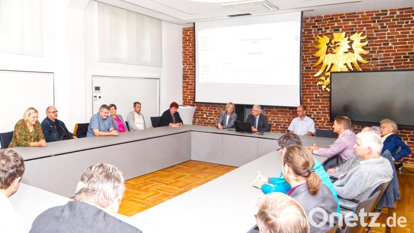 Im Sitzungssaal des Rathauses trafen sich die Stadträte aus Plesna und Erbendorf zur gemeinsamen Sitzung. Mit auf dem Bild (Stirnseite von links) Plesnas Bürgermeister Petr Schaller, Bürgermeister Johannes Reger und Verwaltungsrat Hubert Wojtenek. Bild: njn