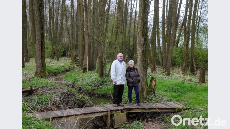 Marianne und Josef Moosburger auf der Brücke mitten in dem Auengrundstück, das ihnen beinahe gehört hätte. Jetzt ist der Landesbund für Vogelschutz der neue Eigentümer. Bild: Wolfgang Steinbacher