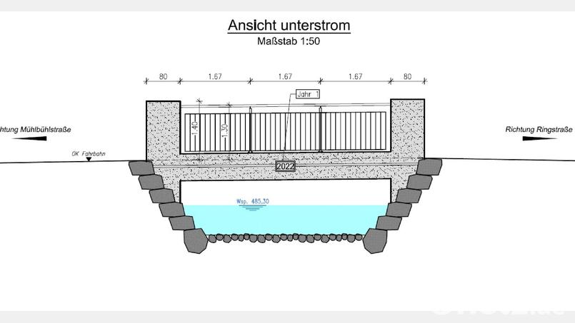 Die Grafik zeigt den geplanten Neubau der Brücke über den Mühlbach zwischen dem Mühlbachpark und dem Platz La Ville du Bois. Bild: Stadt Tirschenreuth/´Planungsbüro K+U Plan/exb