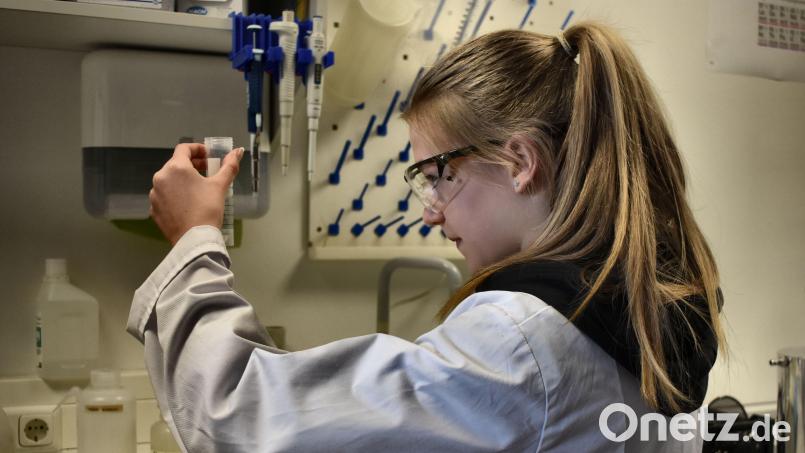 Die zwölfjährige Tessa Koch nimmt beim Girls&#039; Day im Labor in der Deponie Steinmühle teil. Dabei darf sie auch mit chemischen Stoffen arbeiten. Bild: lue